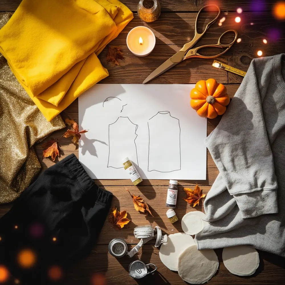How to Create and Coordinate Mother-Child Matching DIY Costumes 2 Side white the lay sweatshirt center shirt t organized s lies one top silver grey craft costumes neatly moon a wooden paint glitter on table there and h3 sketch flat of in yellow image other hand shot sun strong 2 felt gold simple supplies 8217 drawn down