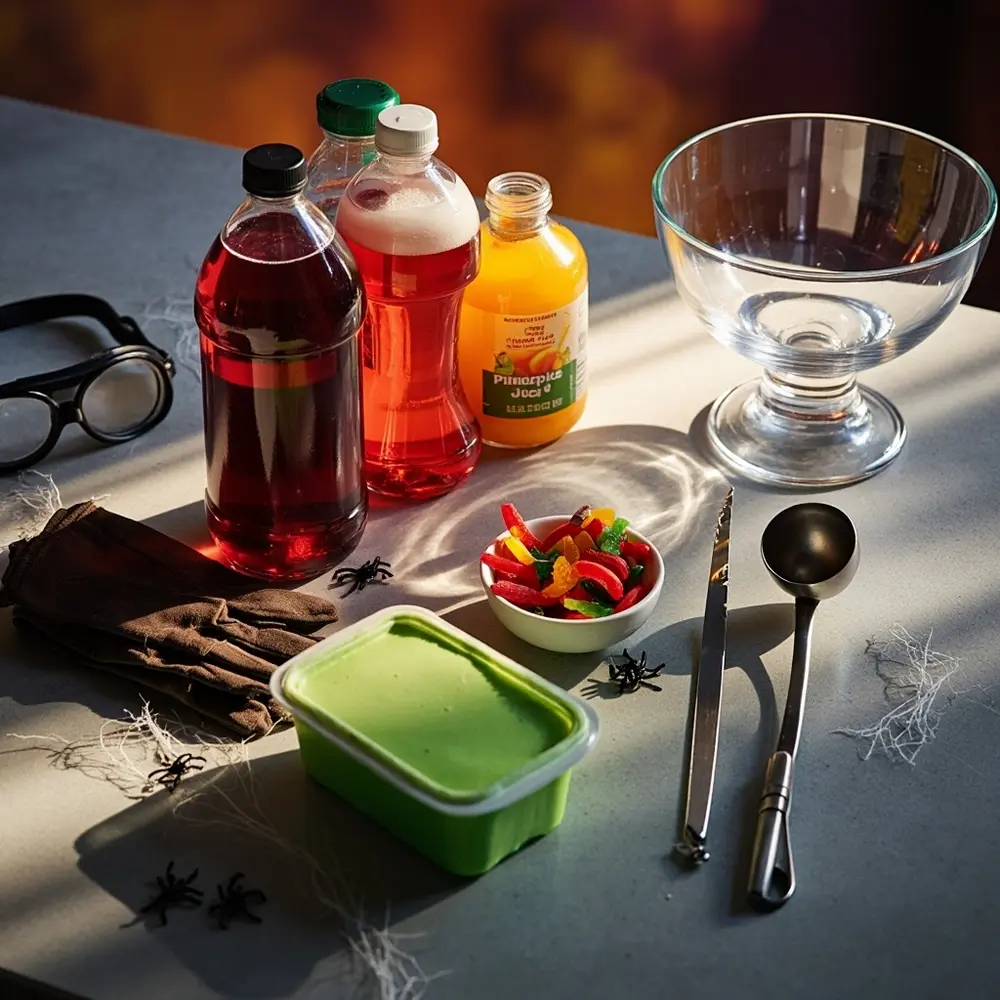 How to Make a Bubbling 'Witch's Brew' Punch (with Dry Ice Safely!) 2 Image-2: A photo showing all the punch ingredients (juices, soda, sherbet) neatly arranged on a counter next to the punch bowl, ladle, gloves, and tongs.