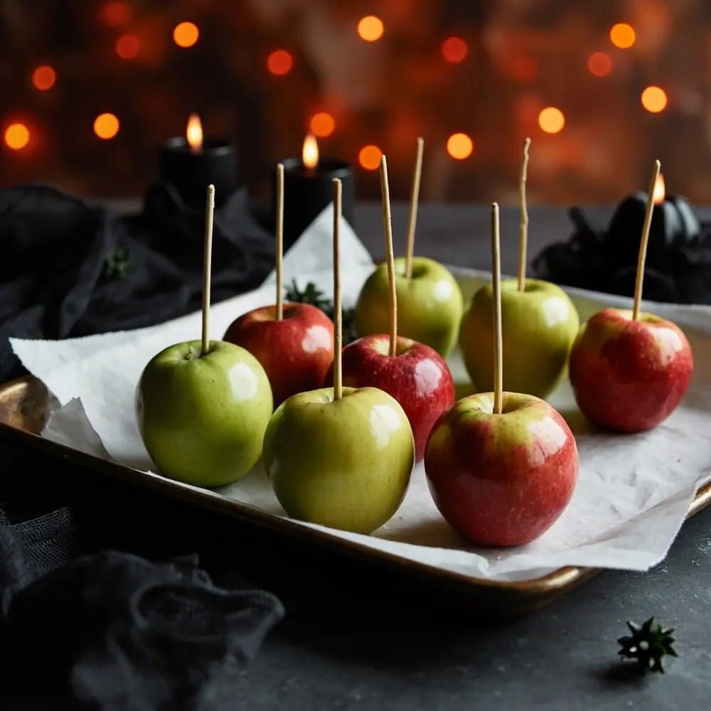 How to Make 'Poison' Candy Apples (with a Dark Caramel Drizzle) 2 Image-2: A shot of the 6-8 washed apples with wooden sticks firmly inserted, lined up on the parchment-covered baking sheet, ready for dipping.