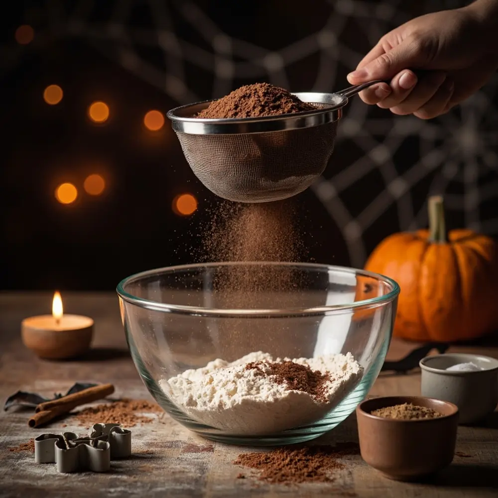 Recipe: Spiced Chocolate Bat Cookies for a Spooky Treat 2 Image-2: A photo of flour and cocoa powder being sifted into a glass bowl, with small bowls of spices next to it.