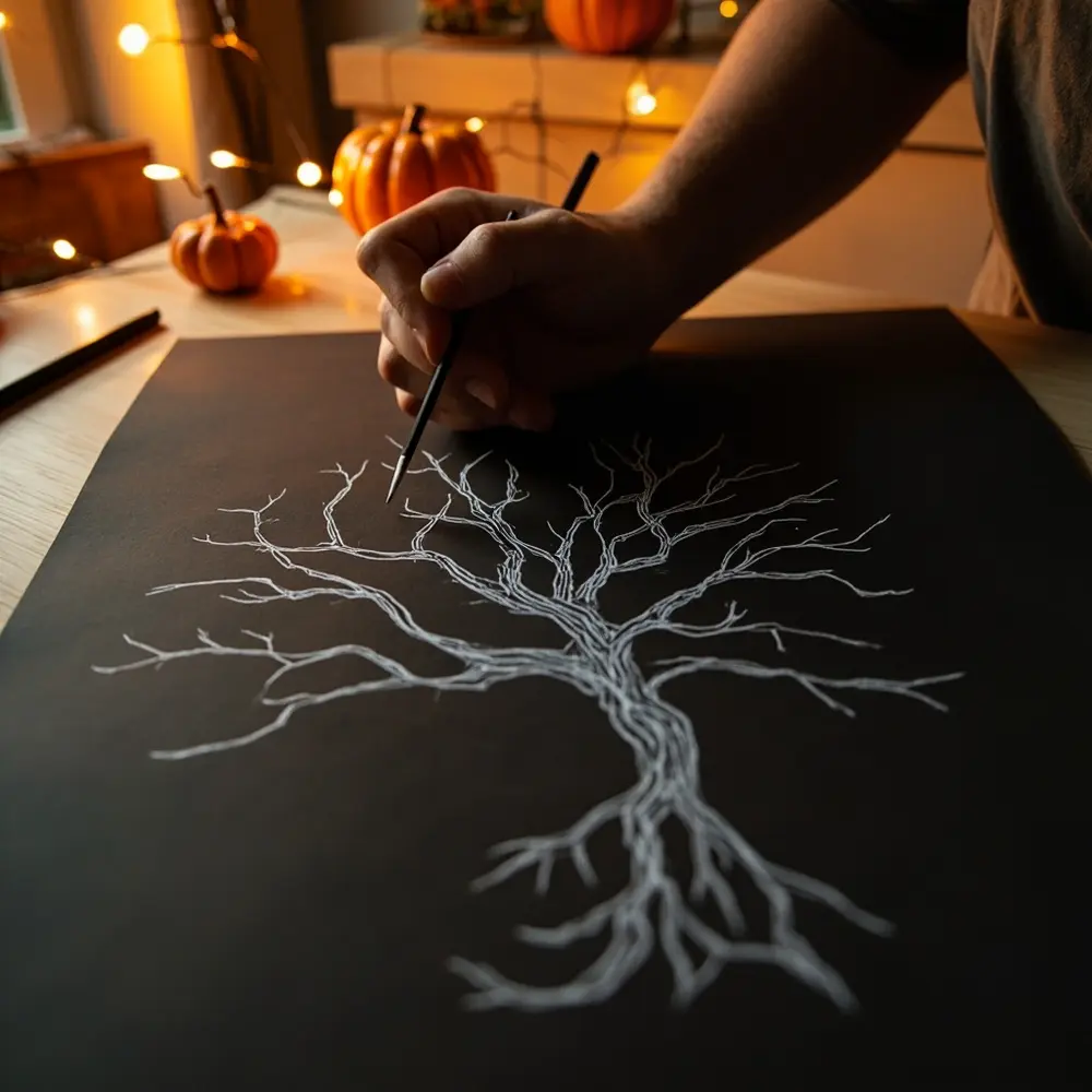 DIY Haunted House Decor: How to Make Spooky Silhouettes and Ghosts 2 Image-2: A photo showing a person sketching the outline of a spooky, gnarled tree onto a large sheet of black poster board.