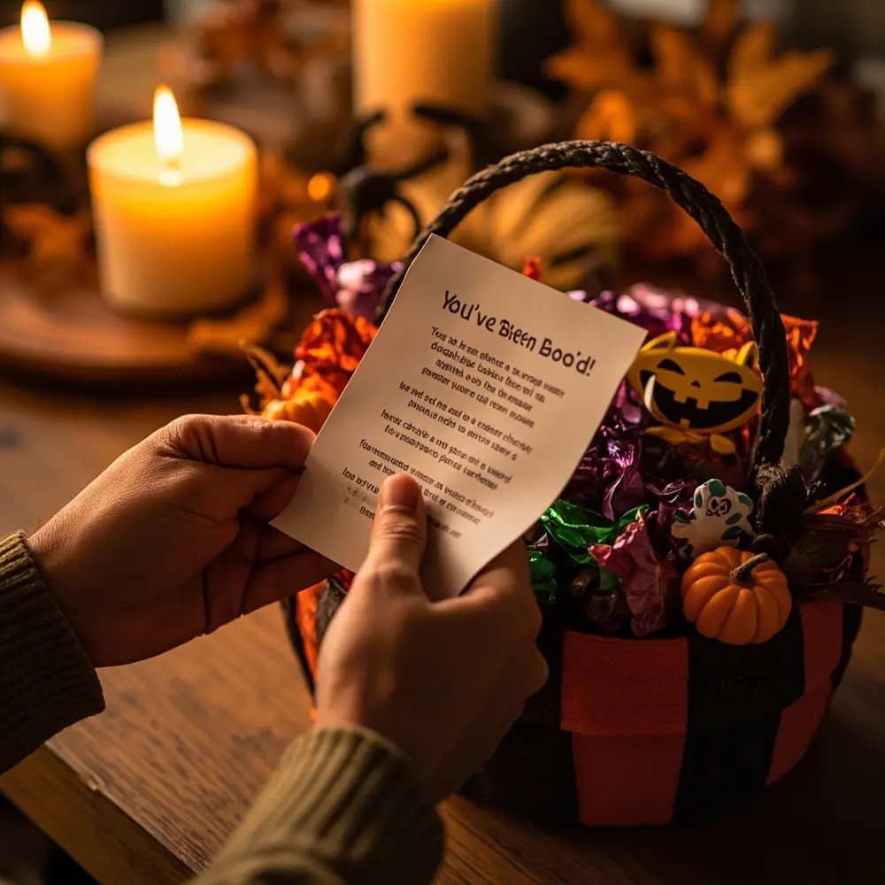 How to "Boo Your Neighbor" and Start a Community Tradition 3 Focused hands the goodies showing basket placing sheet top neatly d a 8221 8220 been ve and on h3 it instruction of you adult image shot 3 inside folding boo assembled 8217