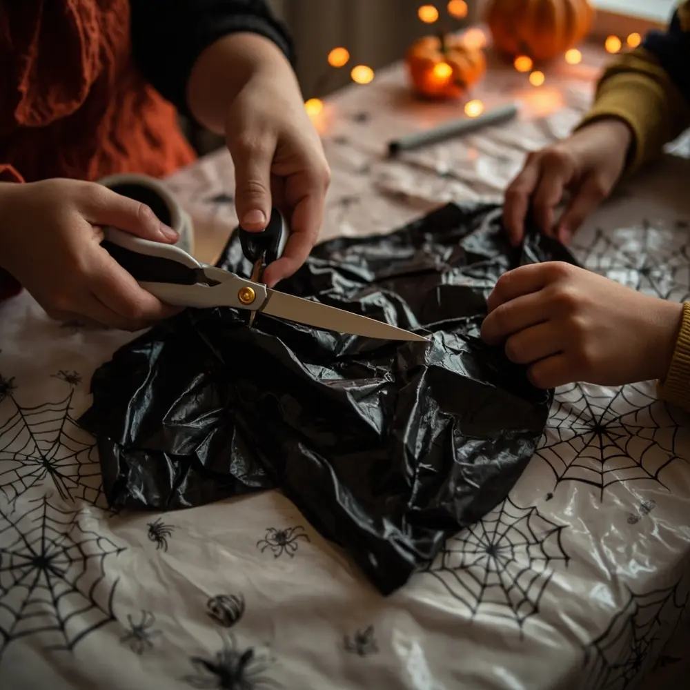 A Parent's Guide to Making DIY Bat Wings and Masks 3 Image-3: A close-up, top-down shot of an adult hand guiding a child’s hand as they safely cut the bat wing shape out of a folded black trash bag.