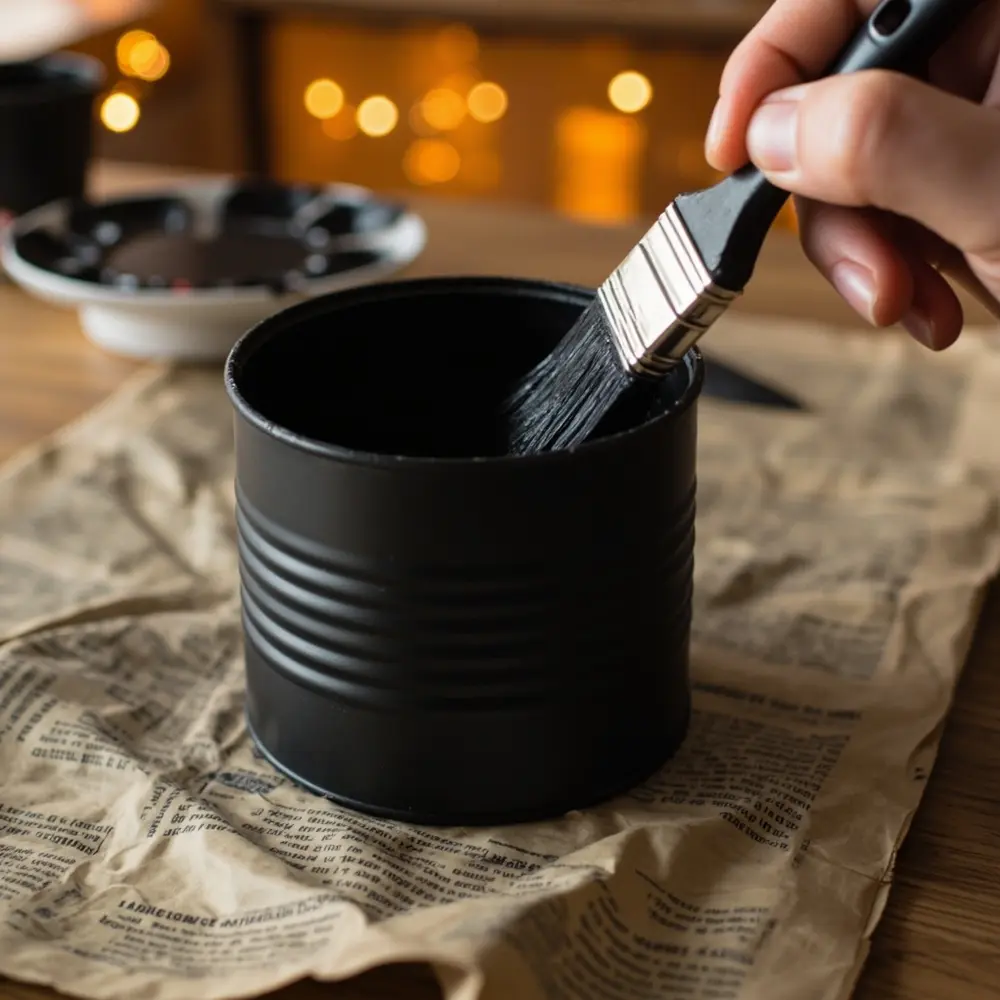 Eco-Friendly Fun: Creating Upcycled Halloween Decor from Cans and Jars 2 Image-3: A close-up shot of a hand holding a paintbrush and applying a smooth, even coat of black paint to a tin can.