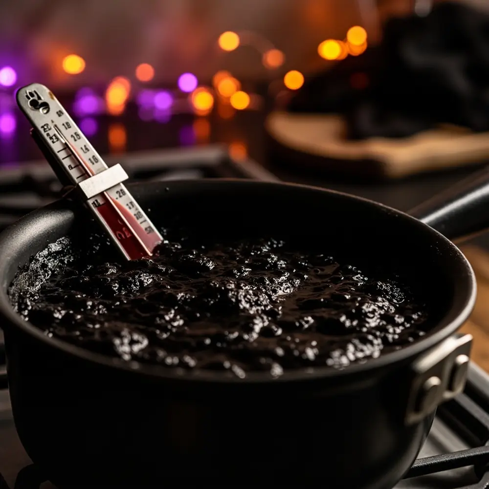 How to Make 'Poison' Candy Apples (with a Dark Caramel Drizzle) 3 Image-3: A close-up shot of the candy thermometer in the simmering, glossy black candy syrup, showing the dark, bubbling liquid in the saucepan.