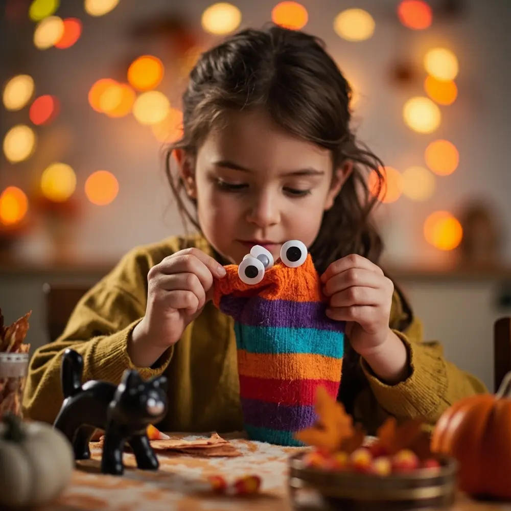 A Step-by-Step Guide to Making Adorable Monster Sock Puppets 3 Image-3: A photo showing a child’s hands carefully gluing two large googly eyes onto the top part of a striped sock puppet.