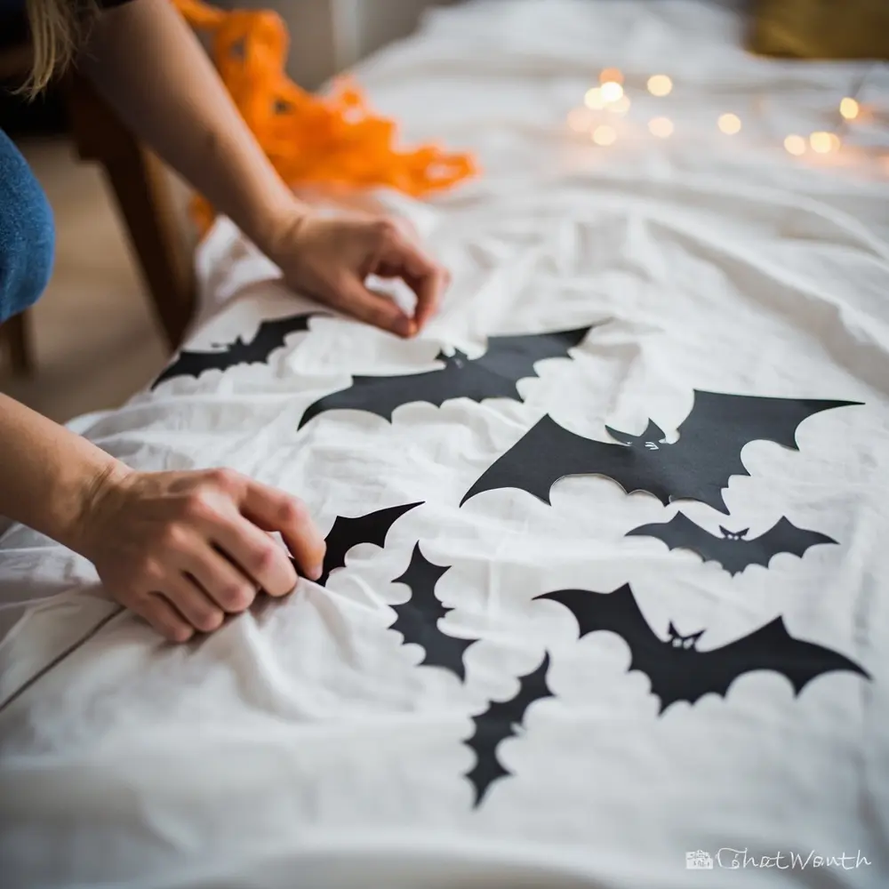 A Step-by-Step Guide to Setting Up a DIY Family Photo Booth 4 Stick bat white diy using hands tape that up backdrop sheet hanging creating a close paper on h3 to is of wall plain onto image shot 3 cutouts simple black