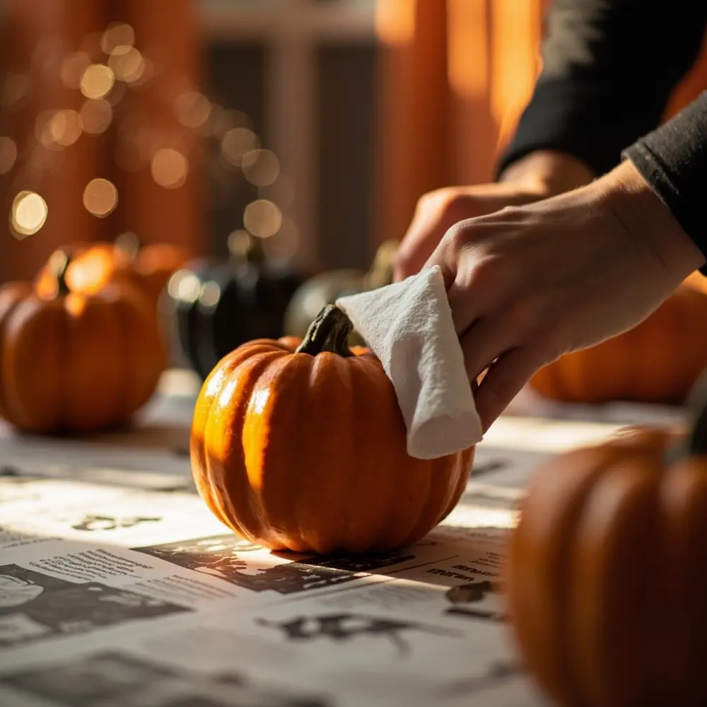 Your Guide to a No-Carve Pumpkin Painting Party 3 Image-3: A close-up shot of hands wiping a small, clean pumpkin with a dry paper towel, with other prepped pumpkins in the background.