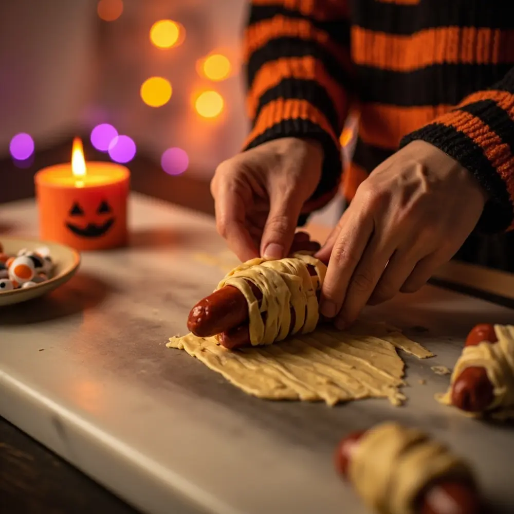 How to Host the Ultimate Halloween Movie Marathon Night (with Themed Snacks!) 3 Image-3: A close-up shot of hands wrapping strips of crescent roll dough around a hot dog to create the “mummy” effect before baking.