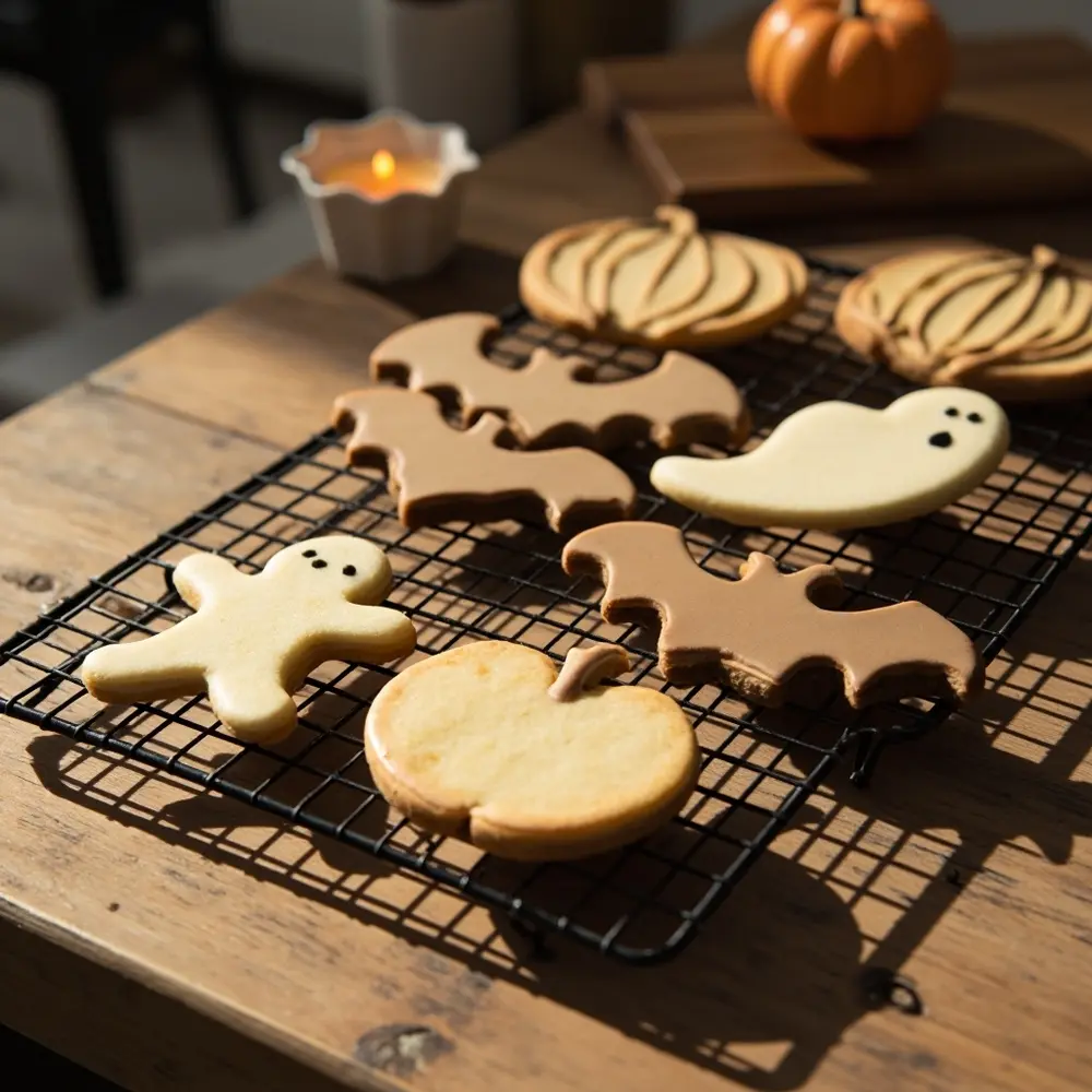 A Guide to Decorating Halloween Themed Sugar Cookies 3 Image-3: A tray of freshly baked, cooled Halloween-shaped sugar cookies (ghosts, pumpkins, bats) laid out on a cooling rack, ready for decoration.
