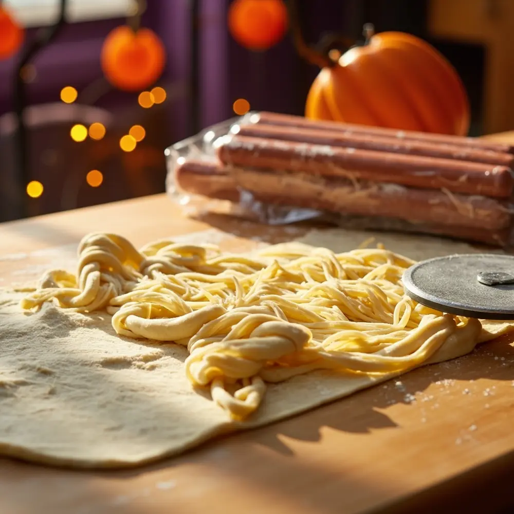 Recipe: How to Make Spooky and Delicious Mummy Dogs 3 Image-3: A sheet of unrolled crescent dough being sliced into thin strips with a pizza cutter, with a package of hot dogs sitting next to it.