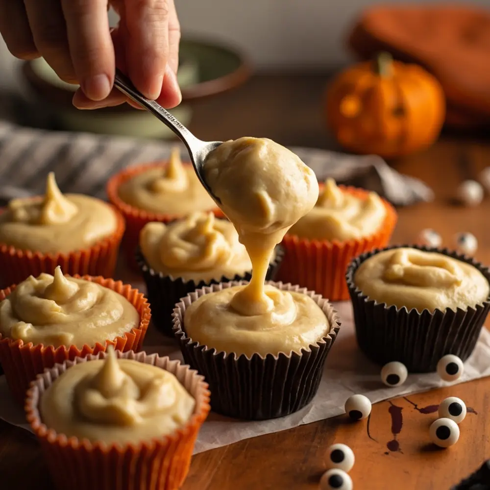 Recipe: How to Bake and Decorate Spooky Halloween Cupcakes 3 Image-3: A photo showing cupcake batter being scooped into the lined muffin tin. The batter fills each liner about two-thirds of the way.
