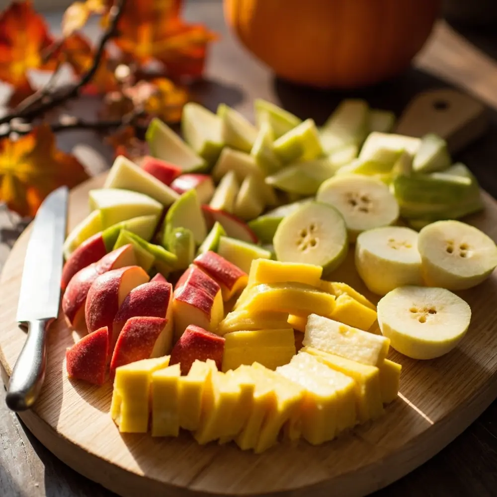 The Ultimate Guide to Making Healthy Halloween Treats (Apple Monsters, Banana Ghosts) 2 Image-3: A clear shot of a cutting board with neatly arranged, freshly sliced apple wedges and peeled banana halves, ready for the next step.