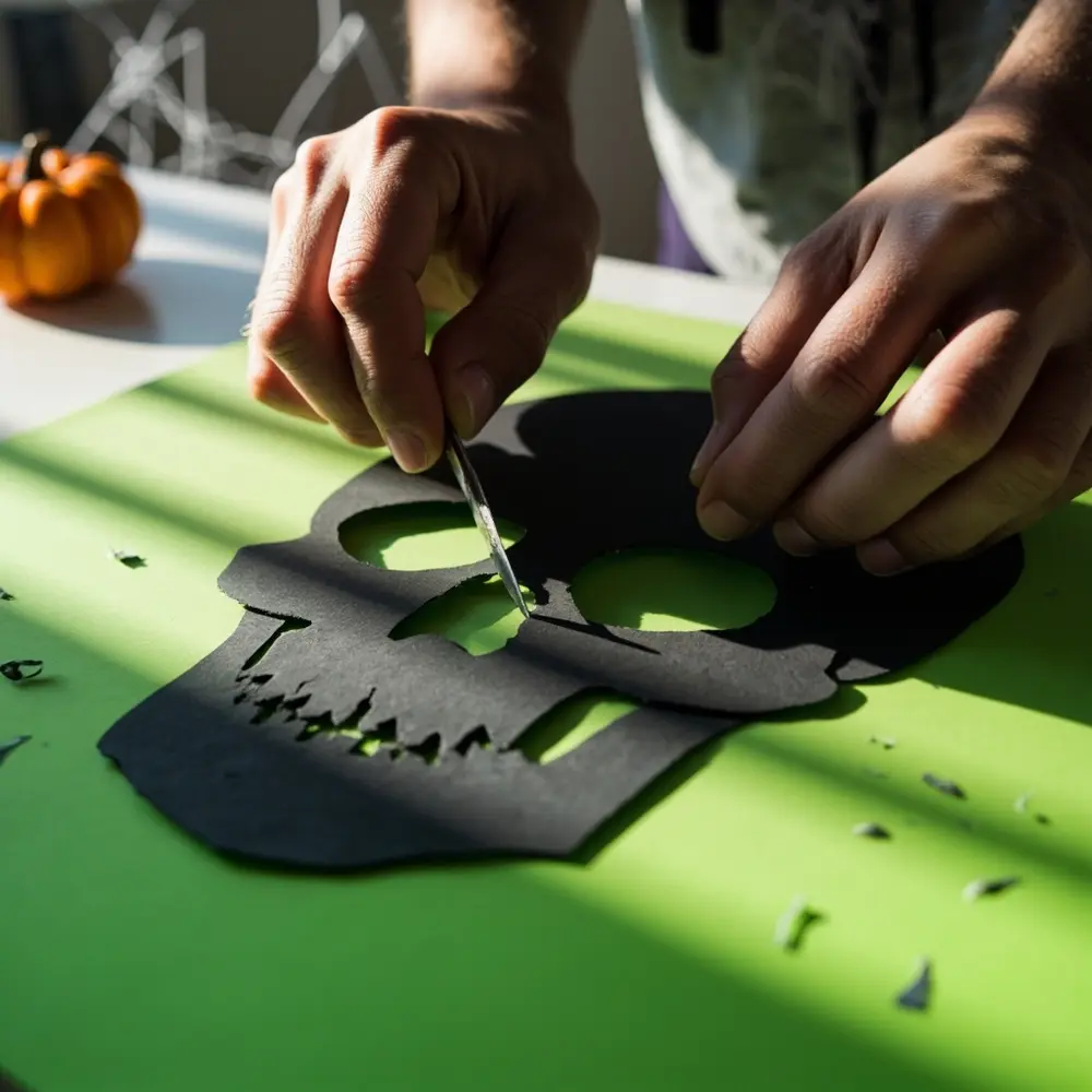 DIY Haunted House Decor: How to Make Spooky Silhouettes and Ghosts 3 Image-3: A close-up shot of hands in action, carefully using a craft knife to cut out the detailed eye socket of a skull silhouette on a green cutting mat.