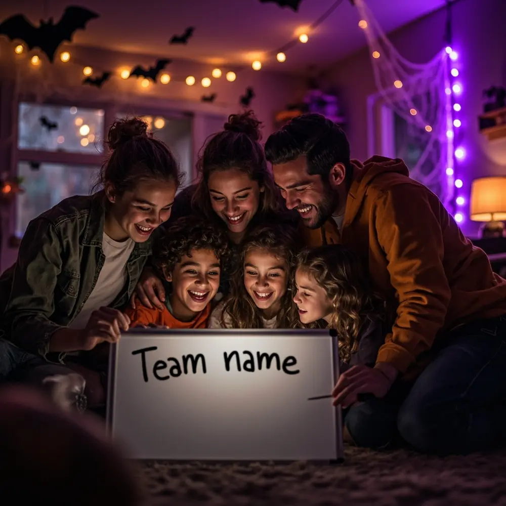 How to Organize a Halloween-Themed Scavenger Photo Hunt 4 Write together small they up group spooky a close name excited on h3 of whiteboard their team participants as huddled photo image strong 3 laughing down