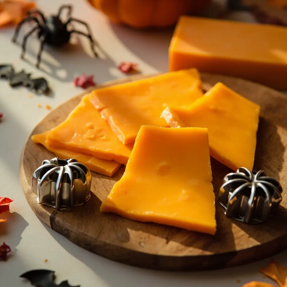 Fun with Food: Using Cookie Cutters for Pumpkin Shaped Cheese & Crackers 3 Image-3: A close-up shot of several individual cheese slices laid flat on a cutting board next to the cookie cutters.