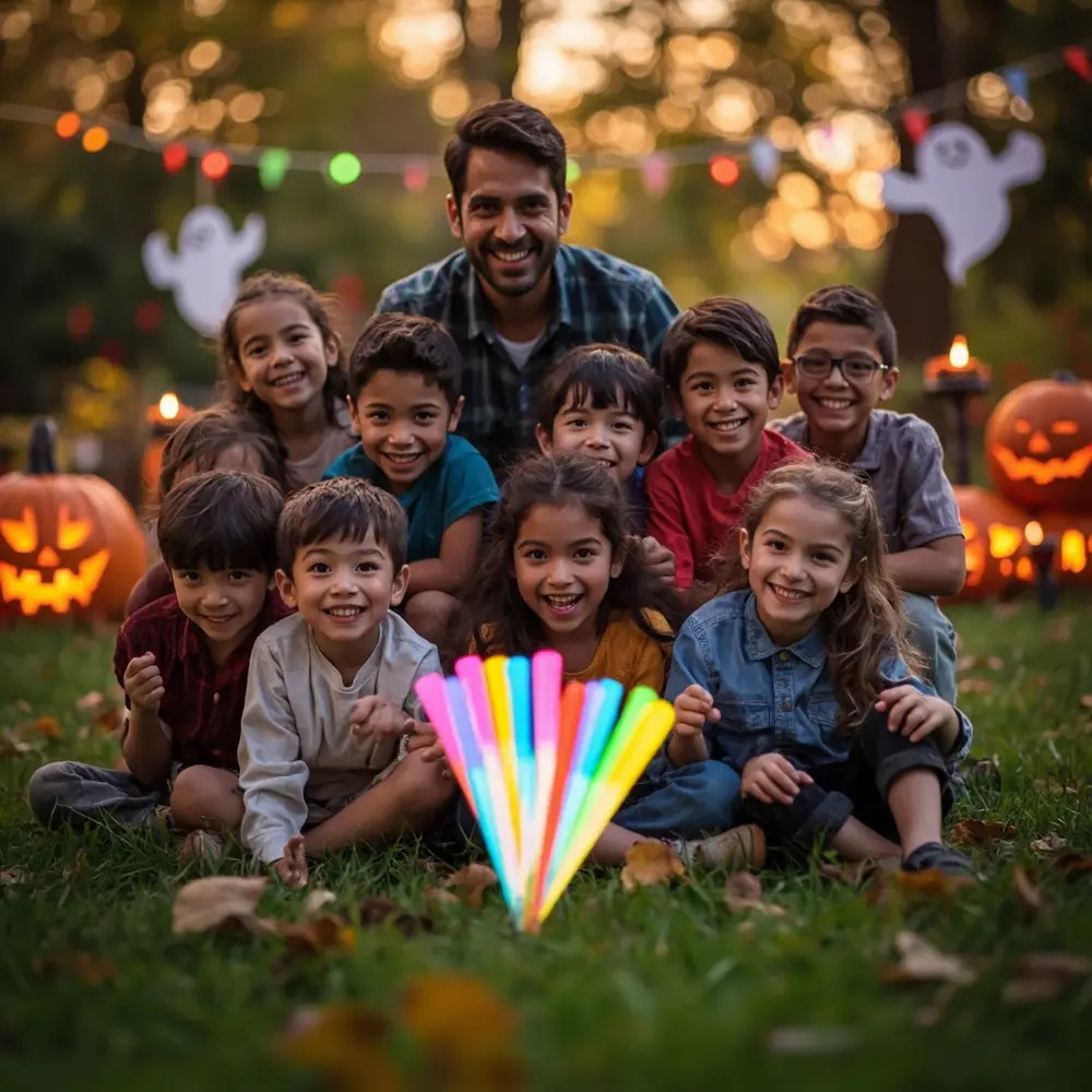 How to Set Up an Epic Glow Stick Hide and Seek Game 3 Image-3: A group of kids of various ages gathered on a lawn, looking excitedly at the person holding a bunch of glow sticks.