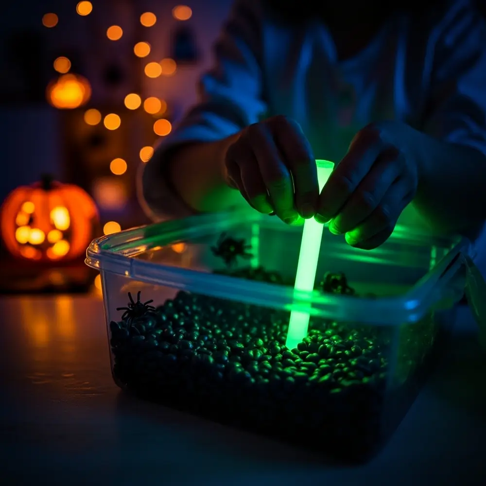 How to Create a Glow-in-the-Dark Sensory Bin 4 Stick glow hands the up pushing a green close gently an h3 it into of activated image shot partially strong 3 beans burying black down