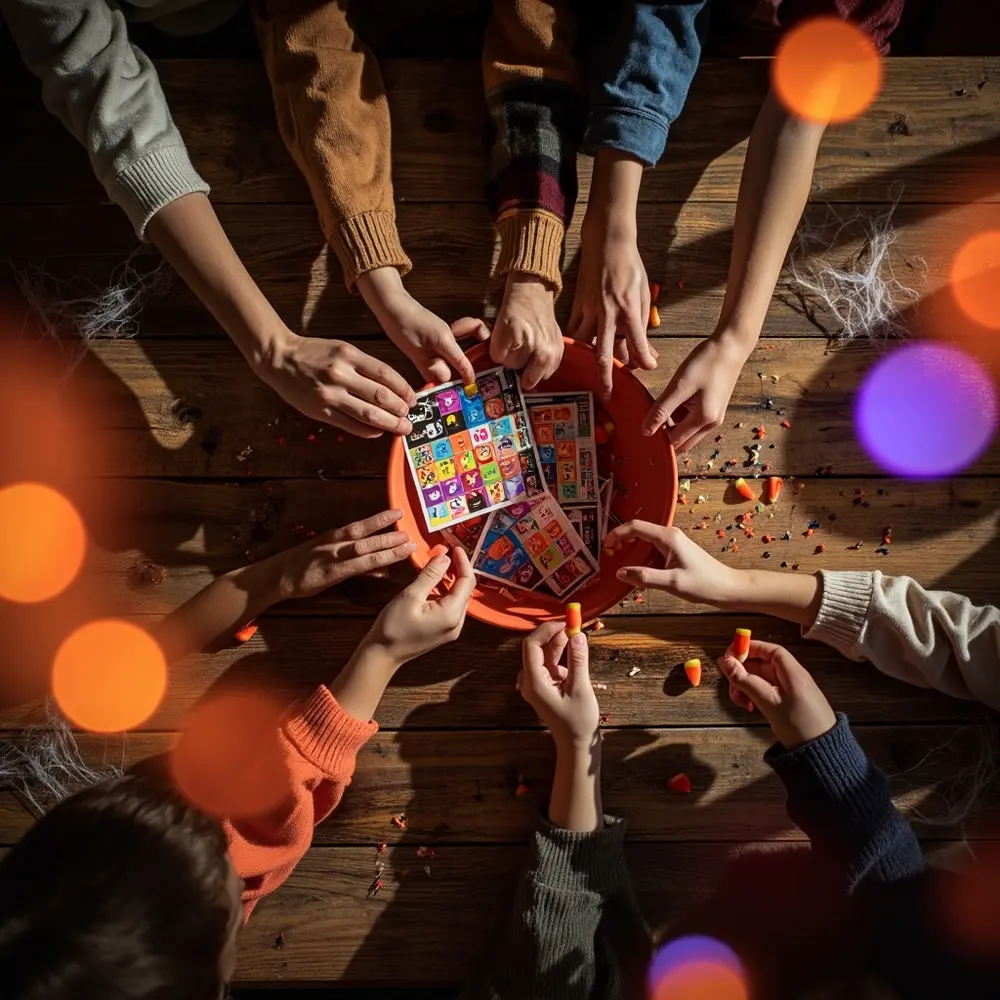 How to Plan and Run a Spooky Halloween Bingo Night at Home 3 Several hands for corn the showing center candy cards top reaching a pairs and table h3 of image ages shot markers 3 different from bingo down