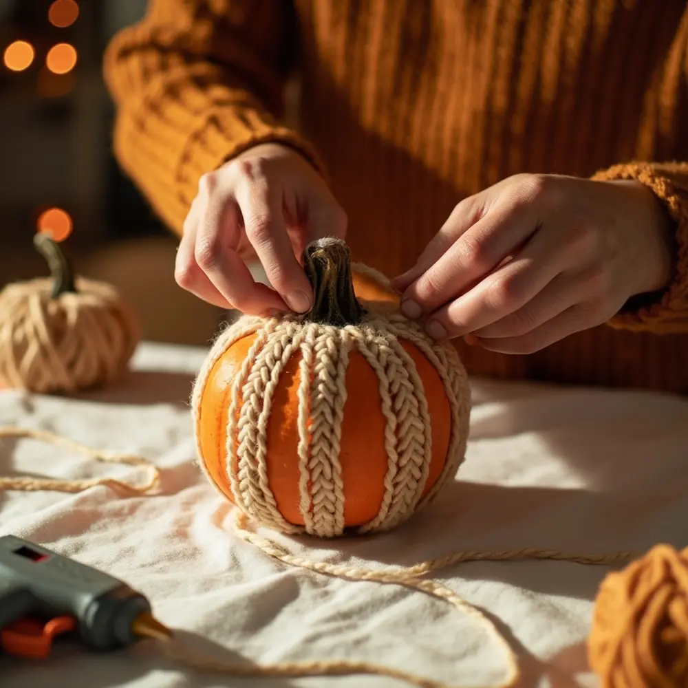How to Decorate Pumpkins with Yarn, Paper, and Washi Tape 3 Image-3: A close-up shot of hands carefully wrapping thick, cream-colored yarn around a small pumpkin, showing how to keep the lines tight and neat.