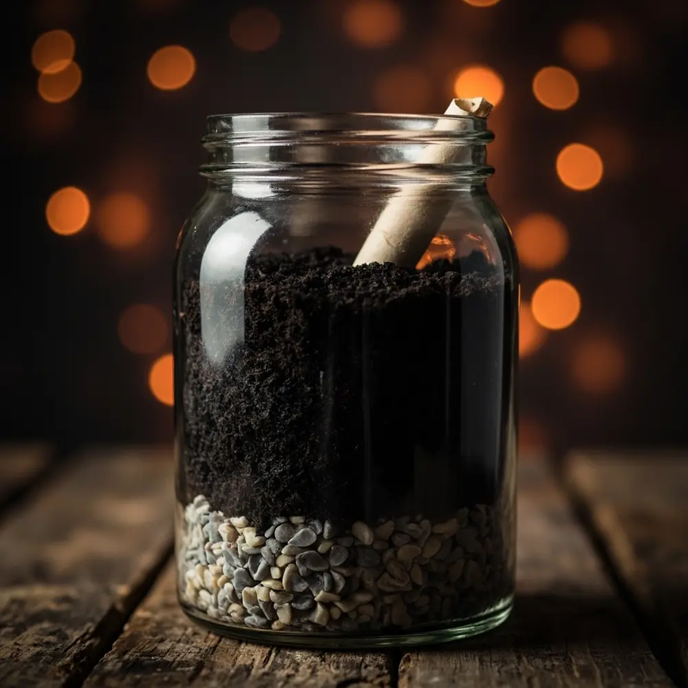 How to Create a Spooky Halloween Terrarium in a Jar 3 Image-3: A close-up shot of a jar being filled, clearly showing the distinct layers of gravel, charcoal, and dark soil being added with a small funnel.