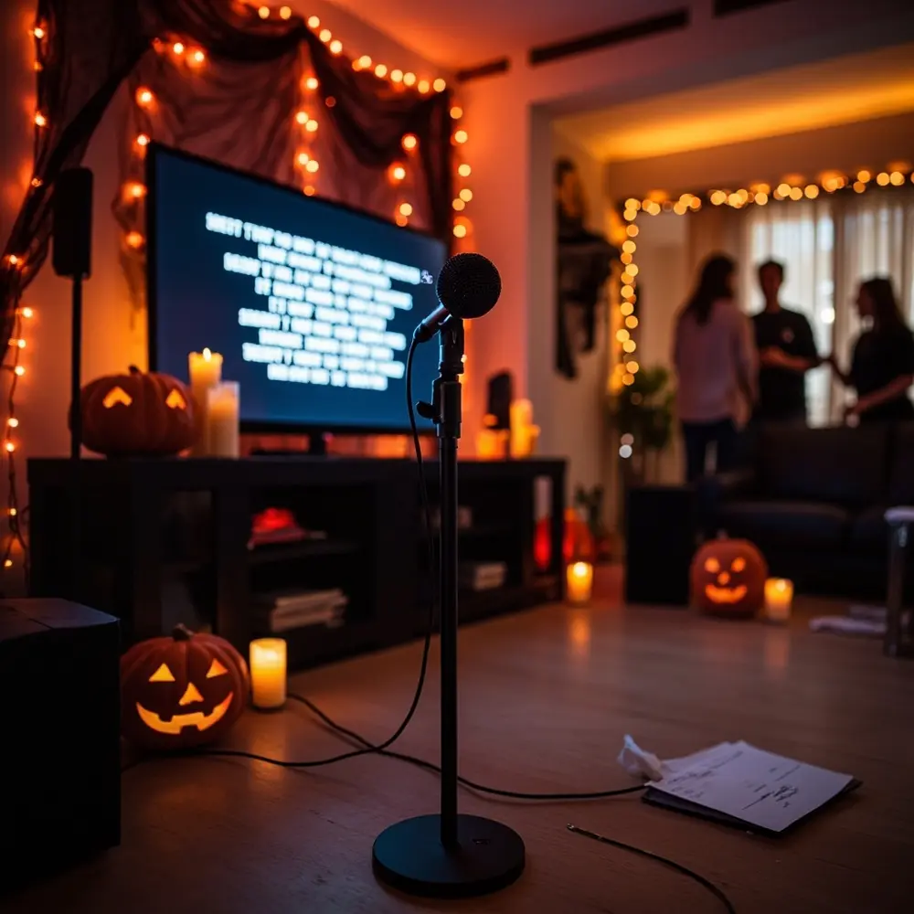 A Guide to Hosting "Costume Karaoke" at Your Next Party 3 Cozy karaoke the wide stage stand foreground lyrics transformed living background festive a screen angle on h3 into of is in draped tv photo room facing image are string 3 displaying microphone lights
