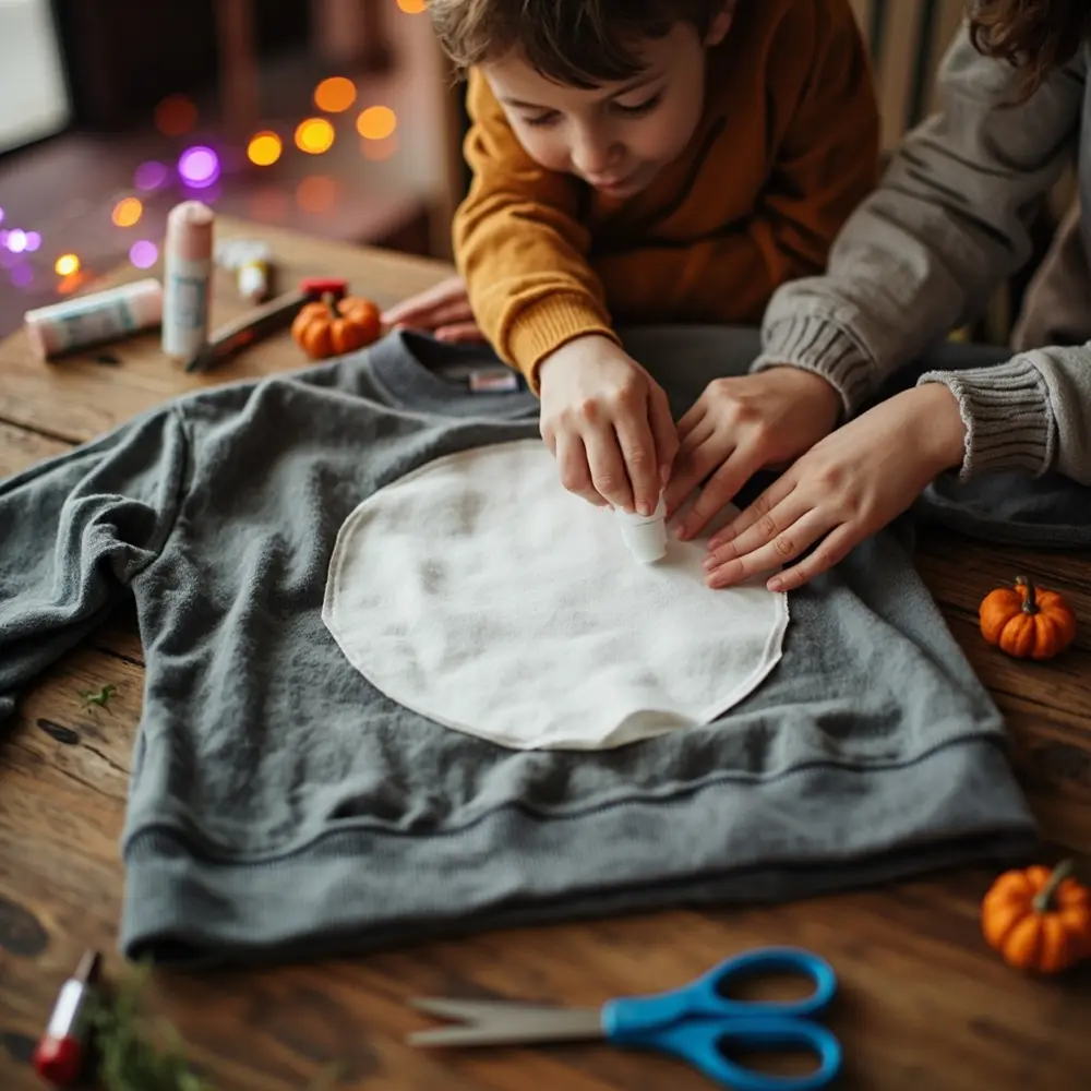 How to Create and Coordinate Mother-Child Matching DIY Costumes 3 White mother hands the fabric large they showing sweatshirt up placing guiding s before her grey a circle close child h3 to it of back as apply carefully onto image shot strong 3 felt action glue 8217