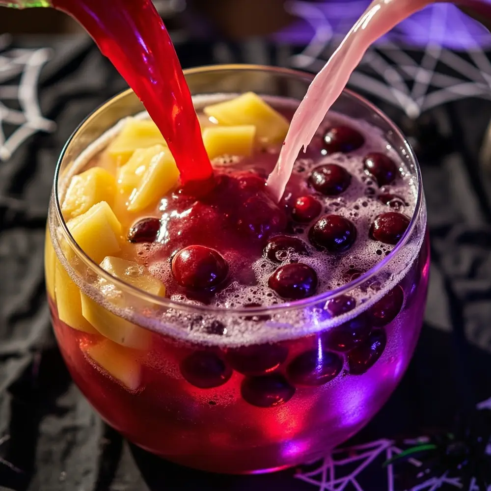 How to Make a Bubbling 'Witch's Brew' Punch (with Dry Ice Safely!) 3 Image-3: A close-up action shot of colorful juices and bubbly soda being poured into a large punch bowl, creating a vibrant mixture.
