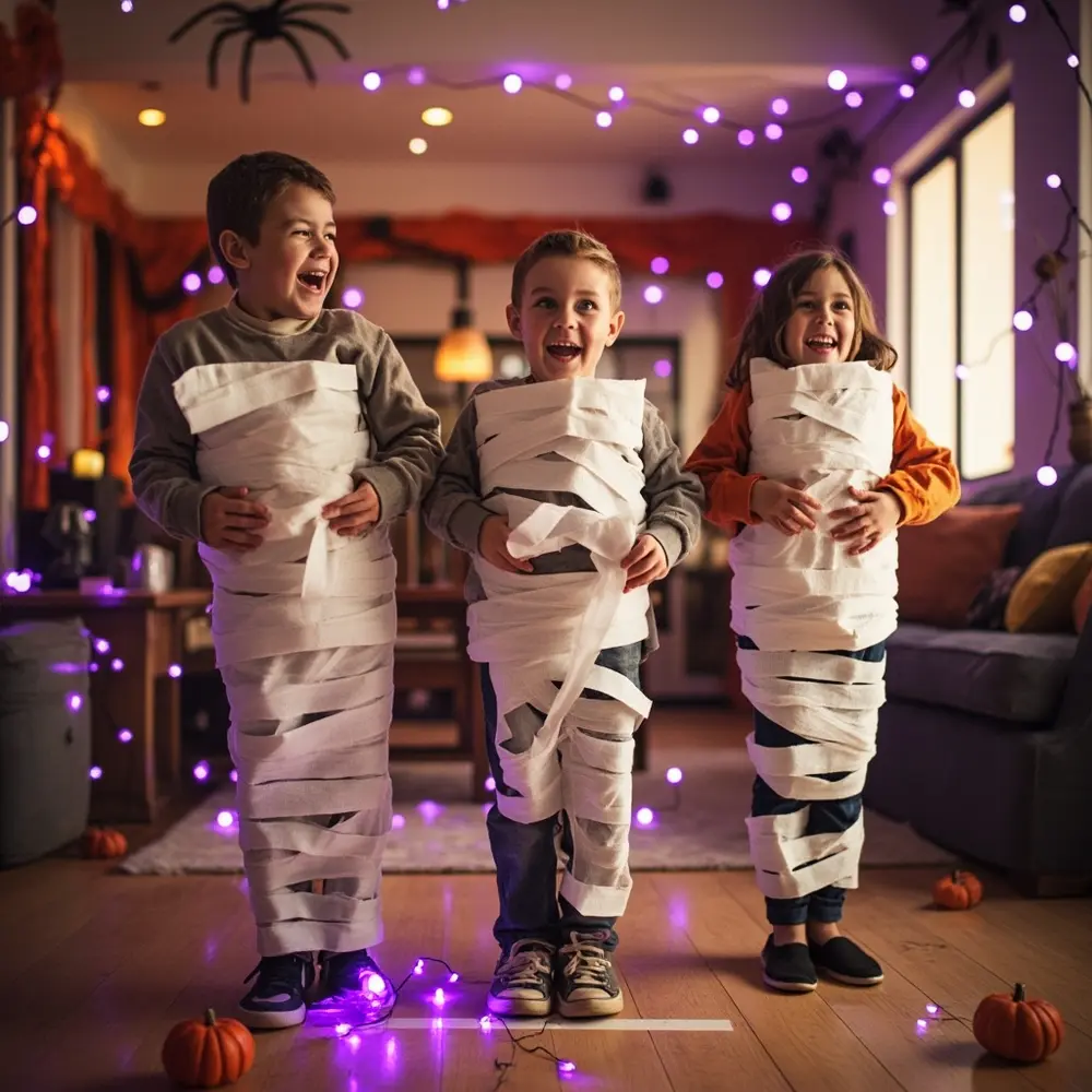 Your Guide to Hosting a Hilarious Mummy Wrapping Race 3 Side still wrappers each standing wide lined the smiling up start has holding one all a 8221 8220 toilet paper three and h3 to mummy of team teams ready rolls image two shot strong 3 by person