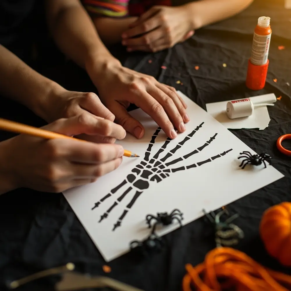How to Craft a Moving Skeleton Hand from Paper and Straws 3 Image-3: A close-up shot of a hand tracing a skeleton hand template onto a piece of white cardstock with a pencil.