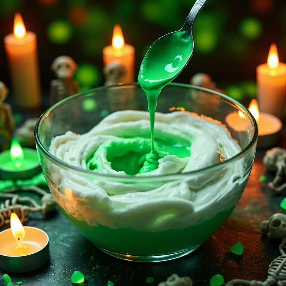 How to Make Creepy, Stretchy Zombie Fluffy Slime 3 Coloring white spoon several the showing stir just bowl hitting vibrant a surface green h3 to of in with food photo mixture image fluffy drops strong 3 poised