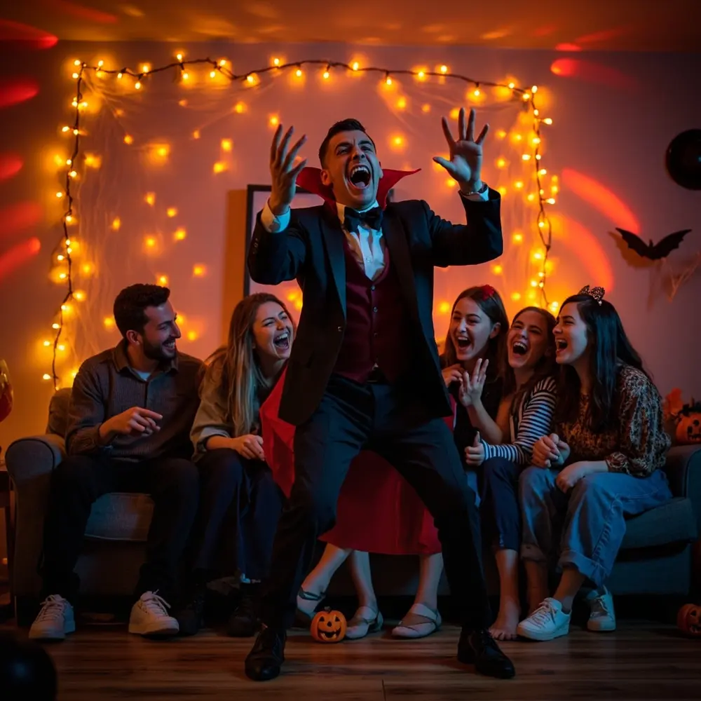 How to Host a Grown-Up Halloween Charades Night 4 The hands dramatically leaning vampire up center living group one claws blurred held motion couch a guesses shouting forward on adults and h3 to is of in their with room like image slightly teammates shot 4 are dynamic pretending laughing action be person
