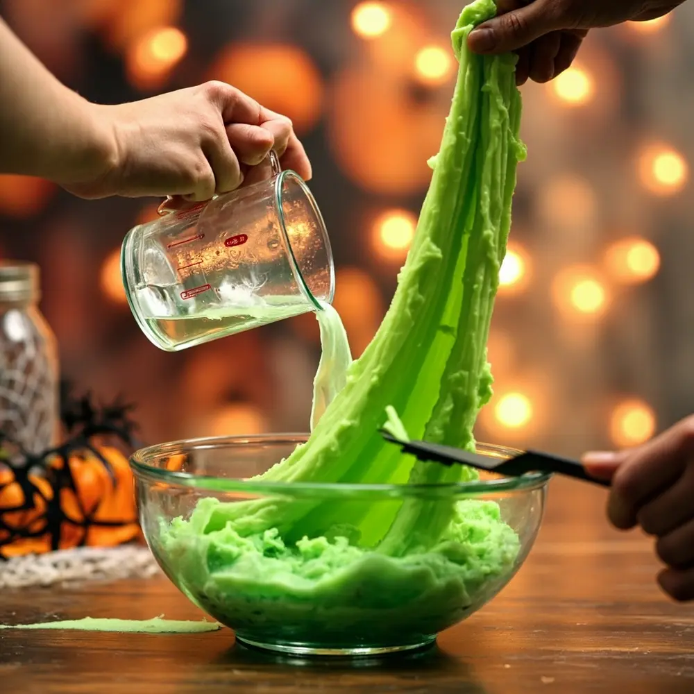 How to Make Creepy, Stretchy Zombie Fluffy Slime 4 The focusing a green stream on an h3 starch cup into simultaneously in stirring with mixture image hand shot 4 strong thin measuring poured from liquid action being