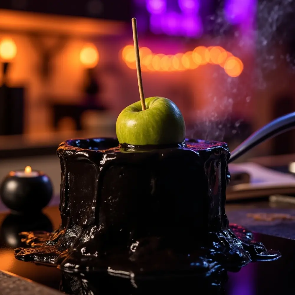 How to Make 'Poison' Candy Apples (with a Dark Caramel Drizzle) 4 Image-4: An action shot of a hand holding an apple by the stick, dipping it into the pot of black candy. The glossy coating is dripping off the bottom of the apple.