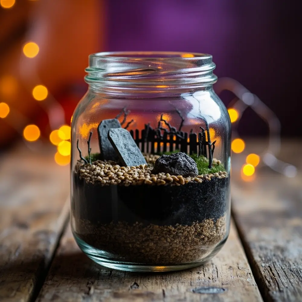 How to Create a Spooky Halloween Terrarium in a Jar 4 Image-4: A photo showing the jar with the base layers complete. A hand is carefully placing a miniature tombstone into the soil, with a small twig “tree” already in place.