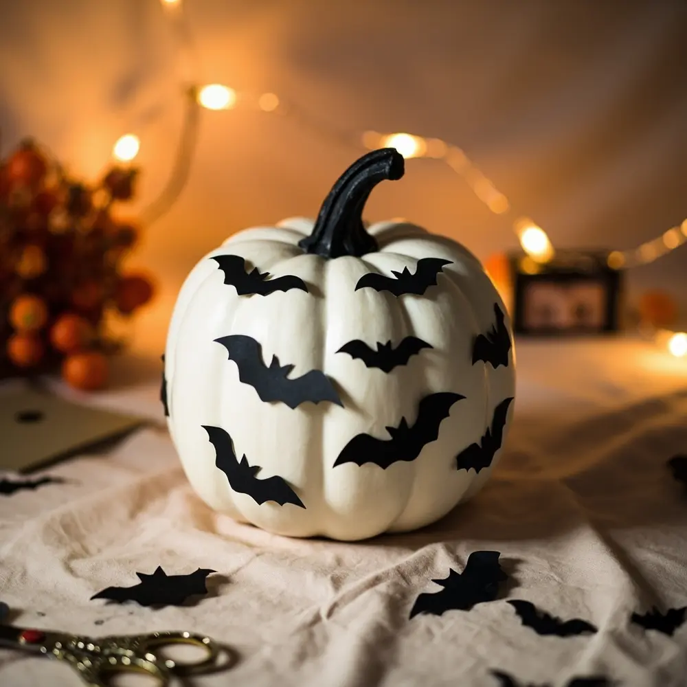 How to Decorate Pumpkins with Yarn, Paper, and Washi Tape 4 Image-4: A photo showing various black paper bat shapes being glued onto a white pumpkin, creating a classic Halloween scene with a modern twist.