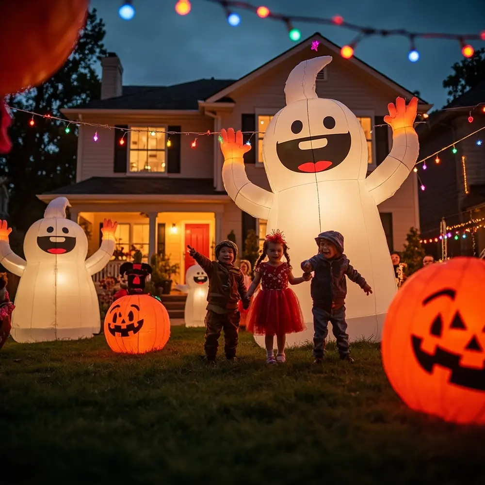 A Guide to the Best Neighborhood Halloween Decorations Tour 4 Brightly kids pumpkin large the friendly smiling visible inflatables ghost pointing a costumed couple yard and h3 of at with display photo image front 4 lit are cheerful adorned