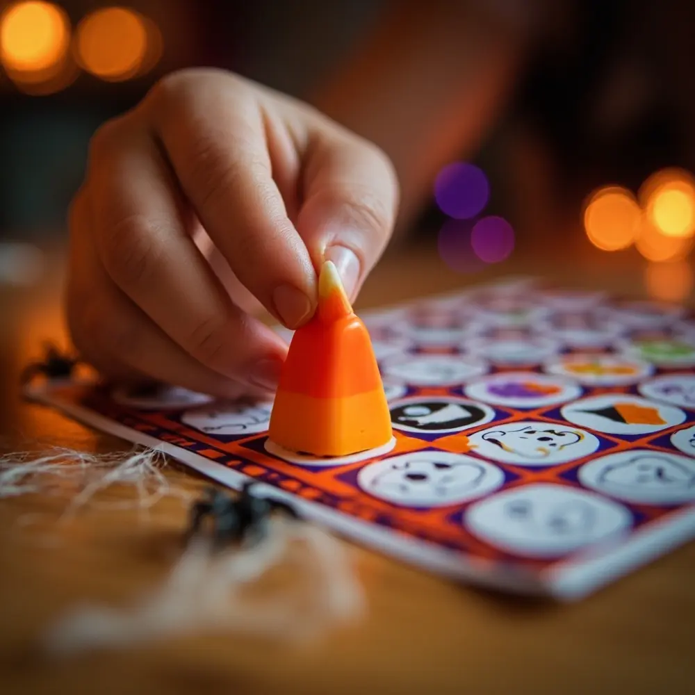 How to Plan and Run a Spooky Halloween Bingo Night at Home 4 Orange marker corn friendly picture up placing candy ghost s bright square a close child on h3 of with photo hand image 4 8217