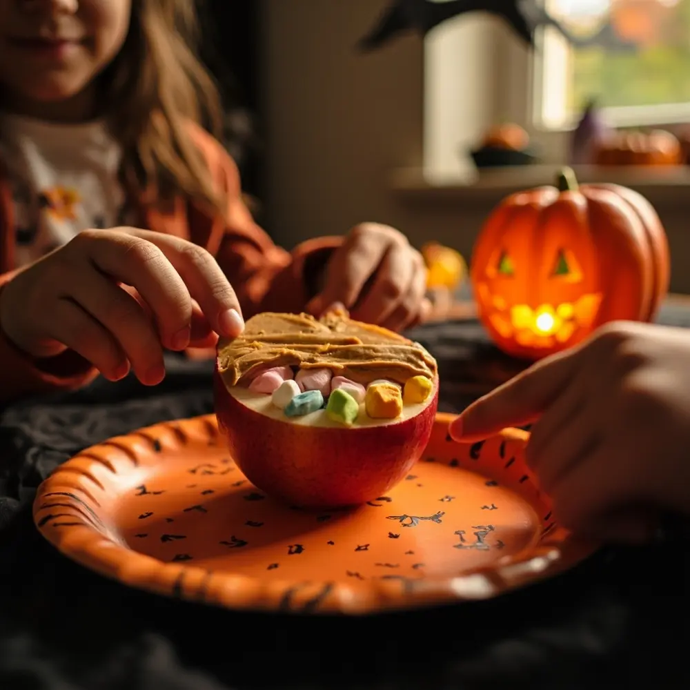 The Ultimate Guide to Making Healthy Halloween Treats (Apple Monsters, Banana Ghosts) 3 Image-4: A close-up shot of a child’s hands carefully placing mini marshmallow “teeth” onto a peanut butter-covered apple slice. An adult’s hand is nearby, guiding gently.