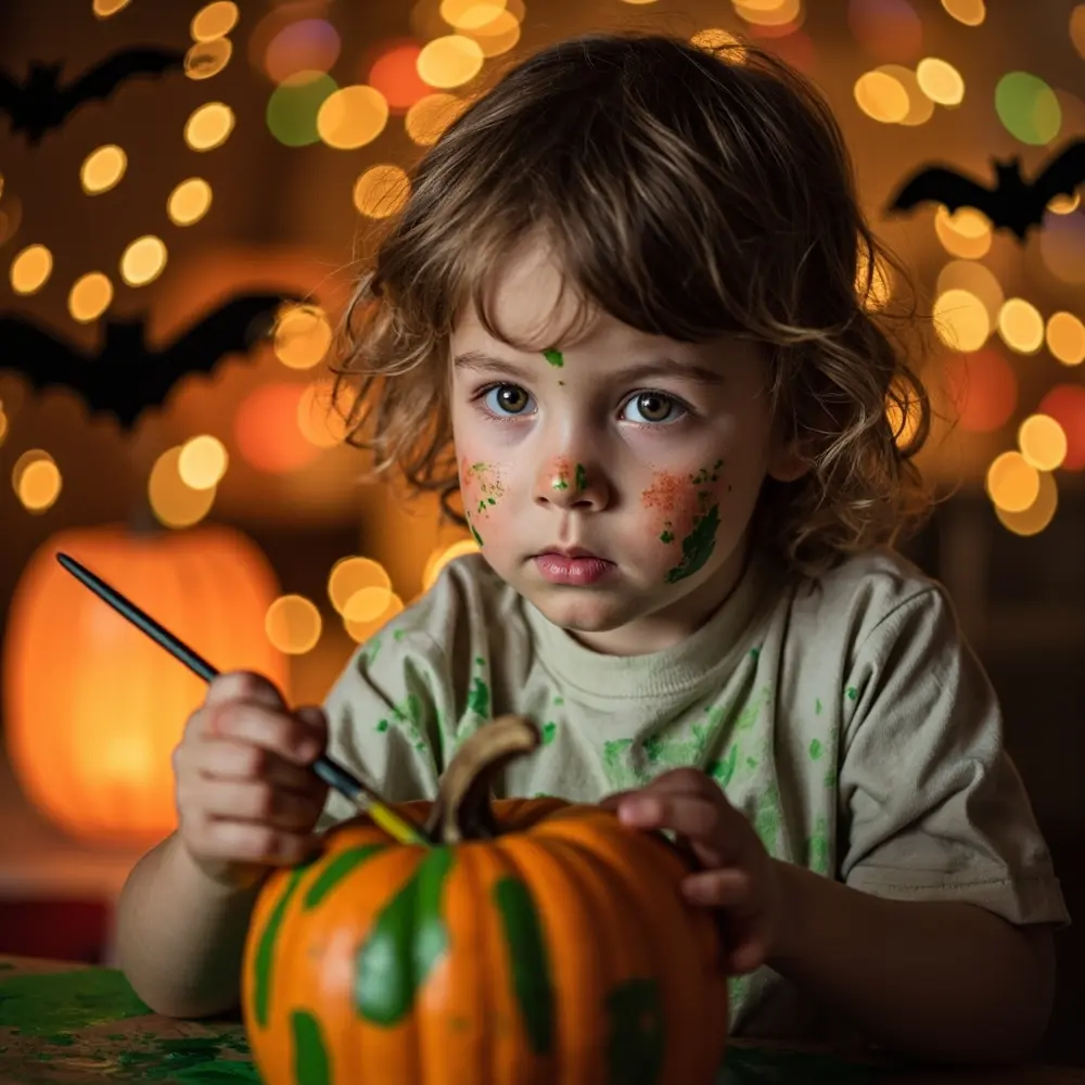 Your Guide to a No-Carve Pumpkin Painting Party 4 Image-4: A happy child with a paint-smudged cheek, carefully applying green paint to a pumpkin with a focused expression.