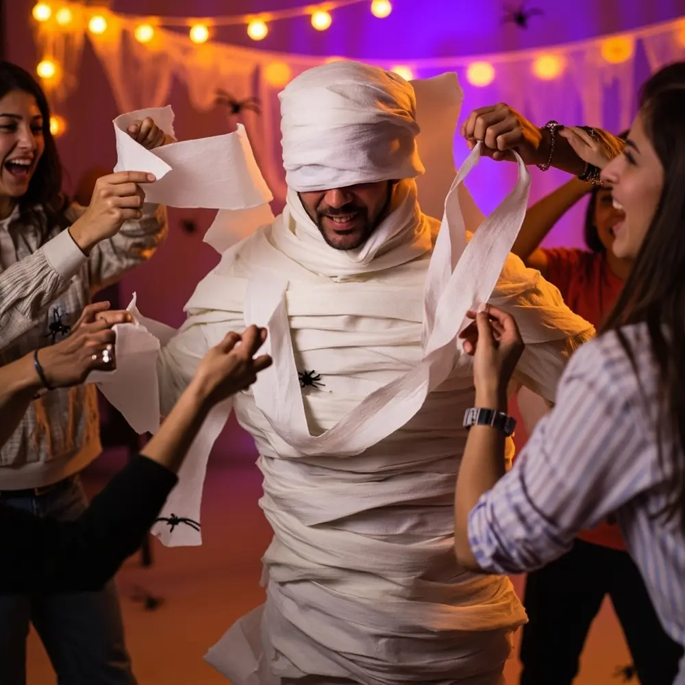 Your Guide to Hosting a Hilarious Mummy Wrapping Race 4 Hands unspooling up s teammate a people toilet close around paper h3 torso of image quickly two shot 4 strong dynamic action 8217