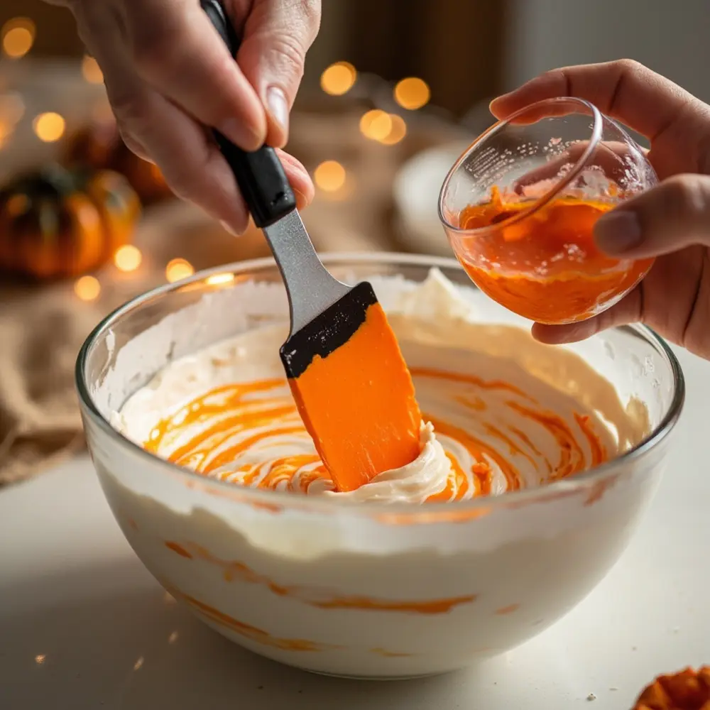A Guide to Decorating Halloween Themed Sugar Cookies 4 Image-4: A close-up shot of hands using a spatula to mix vibrant orange gel food coloring into a bowl of white royal icing.
