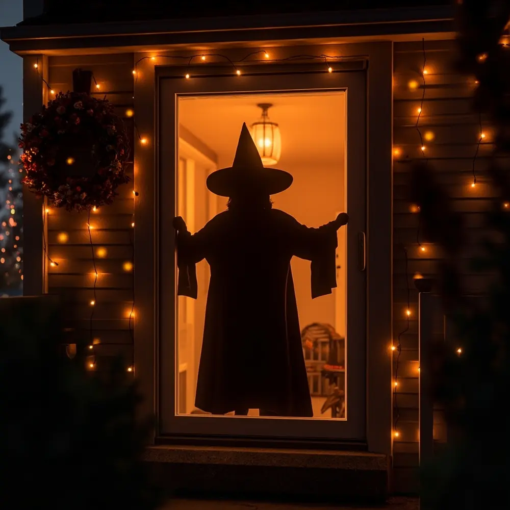 DIY Haunted House Decor: How to Make Spooky Silhouettes and Ghosts 4 Image-4: A photo taken from outside a house at dusk, showing a witch silhouette glowing menacingly in a window with a warm light on inside the room.