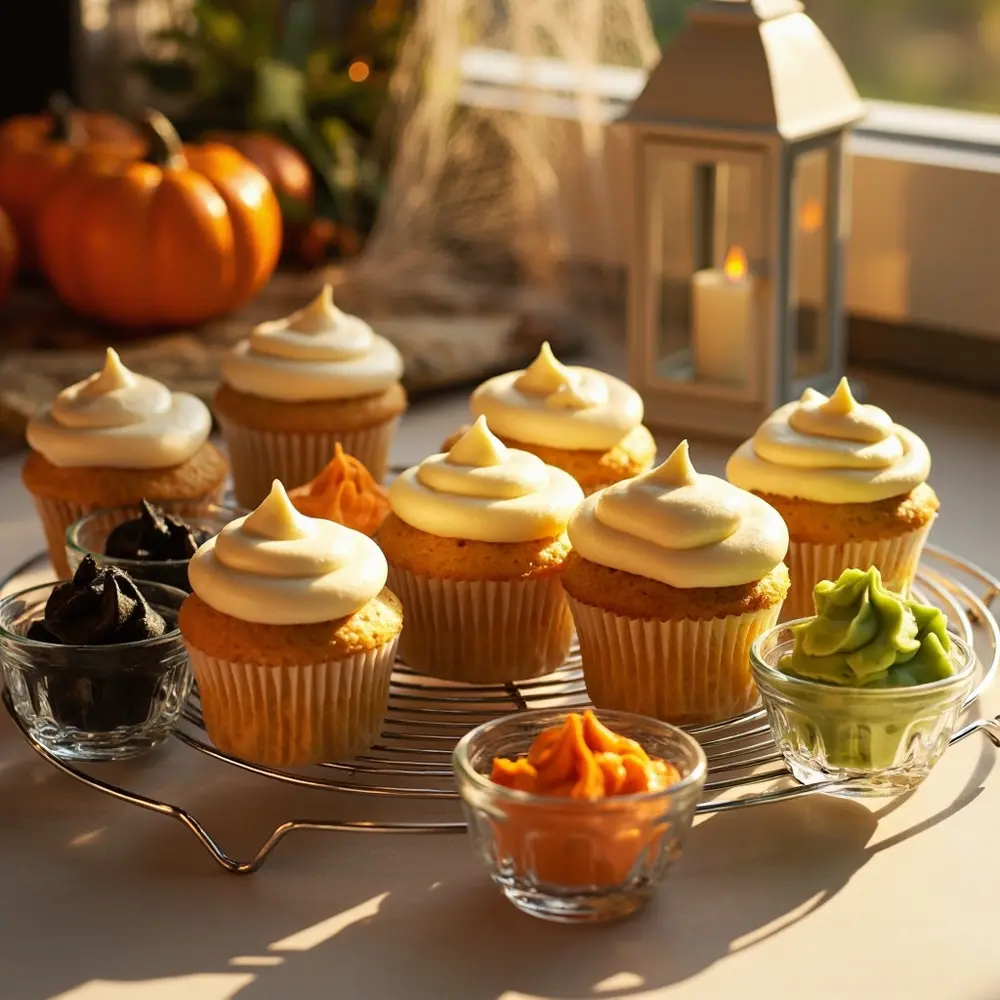 Recipe: How to Bake and Decorate Spooky Halloween Cupcakes 4 Image-4: Freshly baked cupcakes are shown cooling on a wire rack. Next to them are three small bowls containing black, orange, and green frosting.