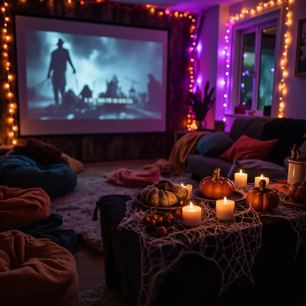 How to Host the Ultimate Halloween Movie Marathon Night (with Themed Snacks!) 4 Image-4: A dimly lit living room ready for the party. A projector screen shows a movie title, cozy blankets and pillows are on the floor, and a decorated snack table is visible to the side.