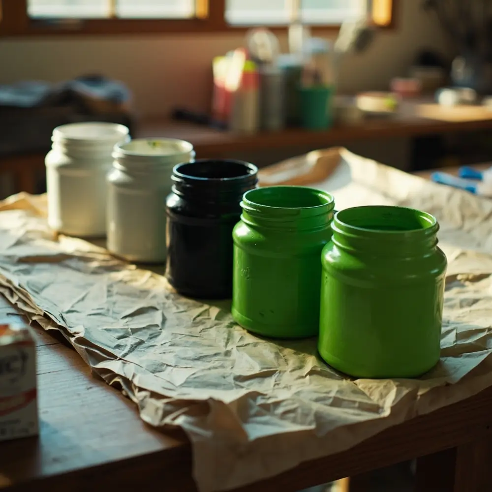 Eco-Friendly Fun: Creating Upcycled Halloween Decor from Cans and Jars 3 Image-4: A lineup of several cans and jars on the newspaper, painted in solid white, black, and green, shown in the process of drying.
