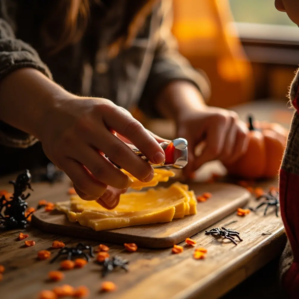 Fun with Food: Using Cookie Cutters for Pumpkin Shaped Cheese & Crackers 4 Image-4: An action shot of a child’s hands and an adult’s hands working together, showing the easy, family-friendly nature of the activity.