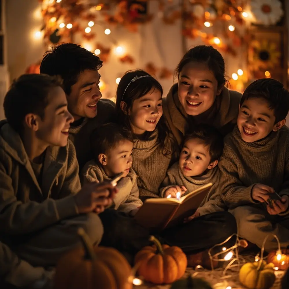 How to Lead a DIY Spooky Story Circle with Your Family 4 The listening anticipation visible background expressions and h3 family of in intently with image other members 4 are faces amusement
