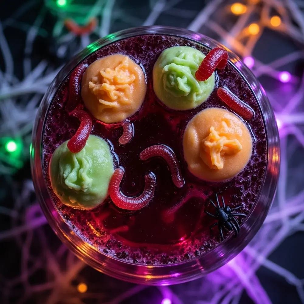 How to Make a Bubbling 'Witch's Brew' Punch (with Dry Ice Safely!) 4 Image-4: A top-down view of the punch bowl, showing several scoops of bright green sherbet floating on the surface with gummy worms draped over the edge.