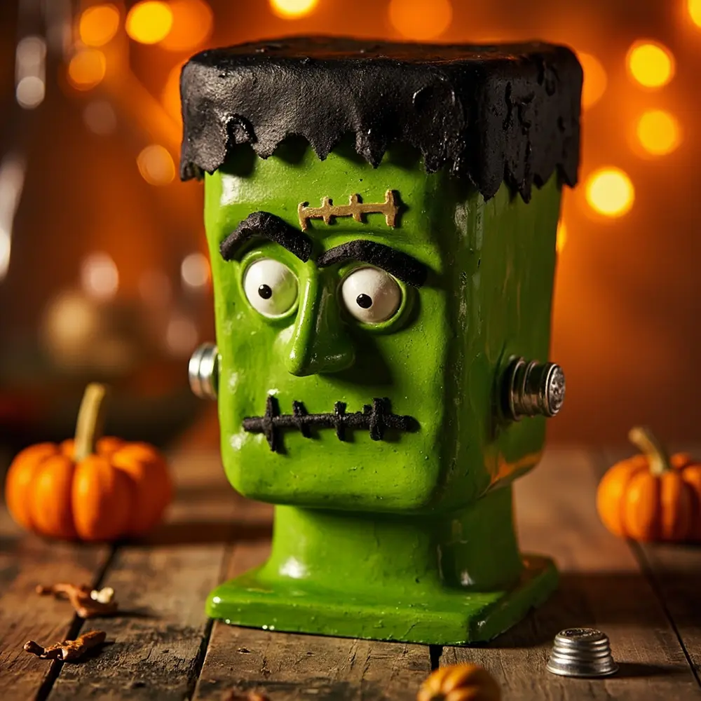 How to Engineer a Frankenstein-Themed Candy Dispenser 4 Shown painted the detail s craft across a green 8221 8220 on h3 stitch monster is of gluing hand image shot now 4 strong dispenser medium black 8217 foam forehead